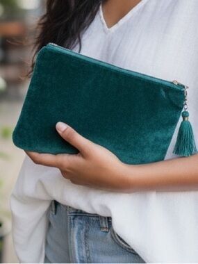 Teal Boho Velvet Beach Slouchy Pouch